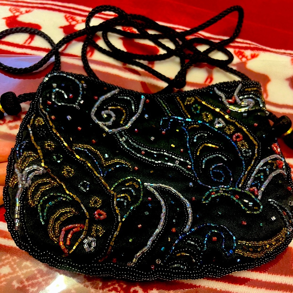 NWOT VTG.  BLACK BEADED EVENING BAG PURSE 2-SIDED BEADING & CROSSBODY STRAP